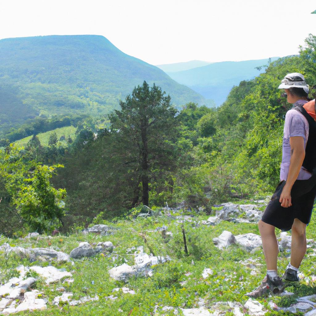 Person hiking in mountainous terrain