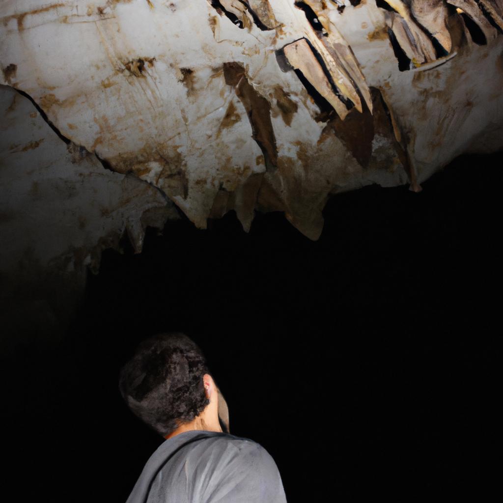 Person exploring dark cave interior